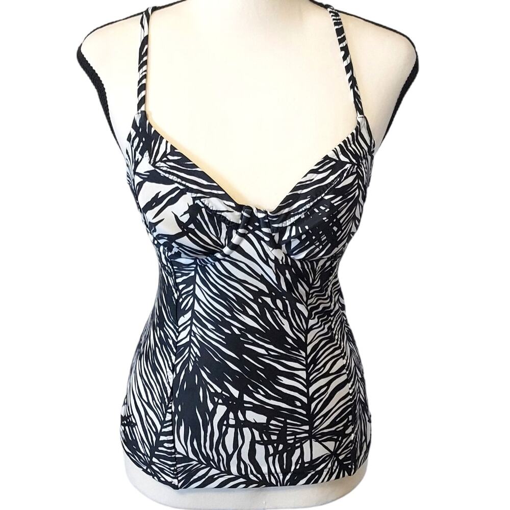 Athleta Black White Tropical Leaf Structured Tankini Swimsuit Top NWOT 32 B / C